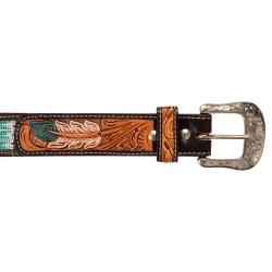 Unisex Western Beaded Belt With Feather Engraving