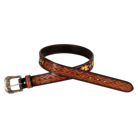 Unisex Western Beaded Belt And Brass Buckle